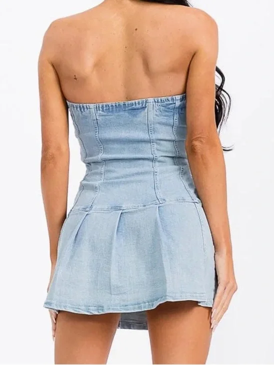 Strapless Blue Denim Mini Dress with Belt Details - Picture 12 of 13